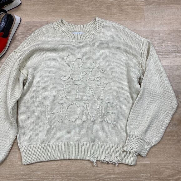 Wild Fox Wool Blend Distressed Crew Neck Sweater Women L‎ Color Ivory - Picture 2 of 7